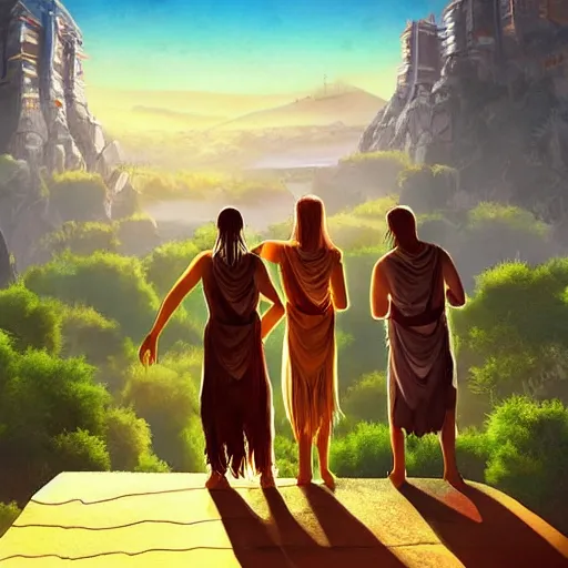 Prompt: a trio of friends in togas standing on a sunlit mountain, looking out upon the solarpunk city that is their home. Artstation trending