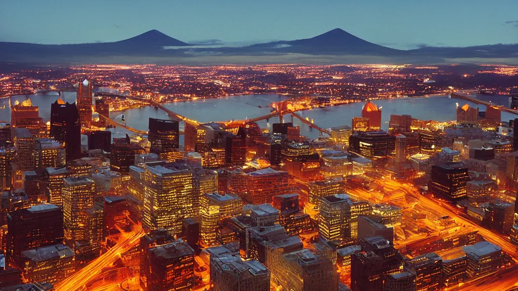 Prompt: an apocalyptic Pittsburgh, medium format photography taken from Mount Washington, Fuji velvia, 4k, golden hour