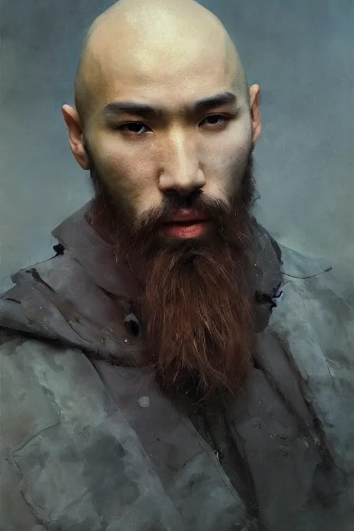 Prompt: beautiful bald kazakh guy with a short beard, painted by ruan jia, realistic, dramatic light