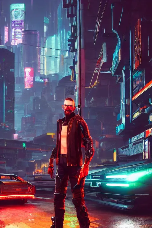 Prompt: gordon freeman in cyberpunk 2 0 7 7, medium shot, background is filled with neon lights and futuristic vehicles, trending on artstation, ultra realistic, 4 k