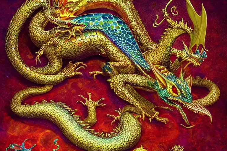 Image similar to a jeweled scaly dragon on top of treasure, by Warwick Goble and Howard Pyle, iridescent scales, heaps of gold, dramatic lighting, featured on artstation, extremely detailed