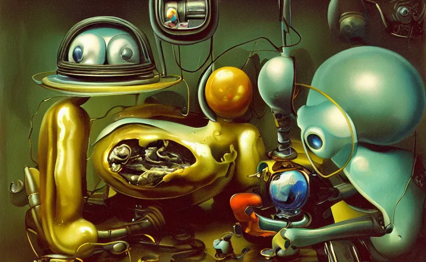 Image similar to strange seductive futuristic robot body, enticing colorful oil painting dutch golden age vanitas still life sparse composition with bulbous objects strange gooey transparent surfaces shiny metal reflections bizarre mutant meat insects rachel ruysch dali todd schorr very detailed perfect composition rule of thirds masterpiece canon 5 0 mm, cinematic lighting, photography, retro, film, kodachrome