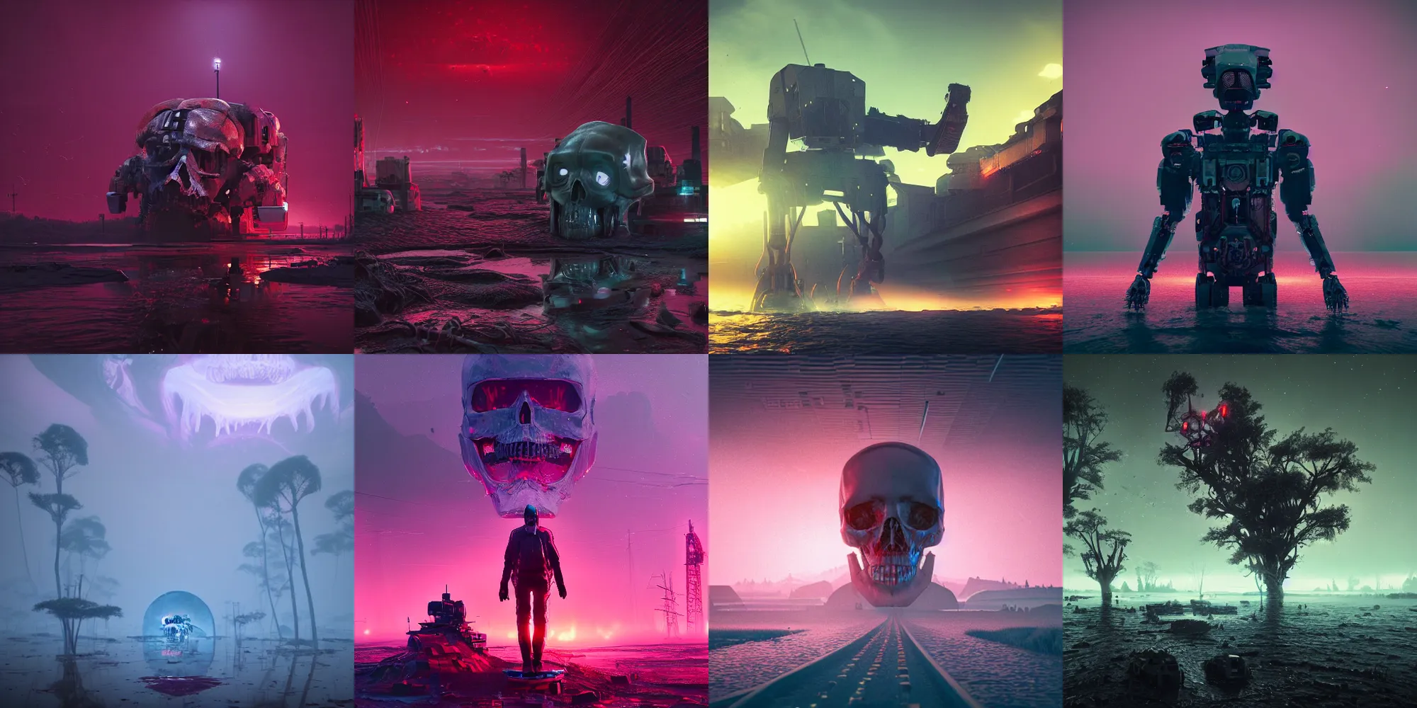 Image similar to beautiful dark bloody flooded landscape, giant robot human skull gears, in the style of beeple and Mike Winkelmann, photo real, ultra realistic, intricate, epic lighting, 8k resolution, unreal engine 5, ultraviolet colors,