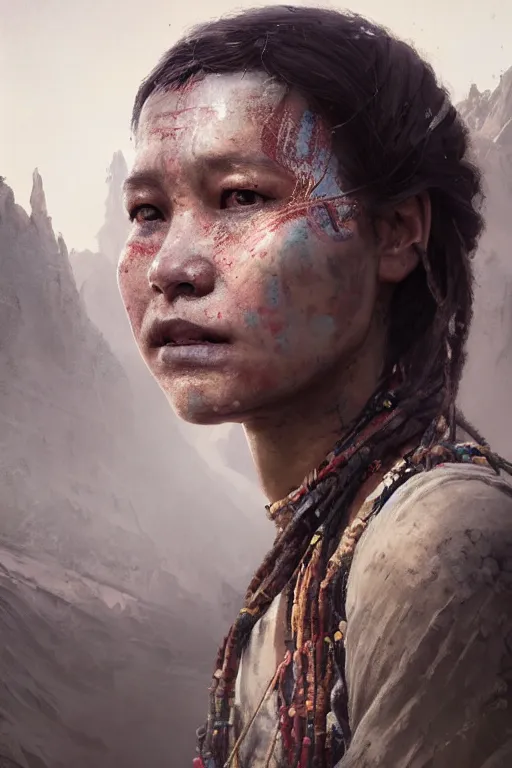 Image similar to a portrait of a tribal women a sci-fi weapon by Greg Rutkowski, Sung Choi, Mitchell Mohrhauser, Maciej Kuciara, Johnson Ting, Maxim Verehin, Peter Konig, final fantasy , mythical, 8k photorealistic, cinematic lighting, HD, high details, atmospheric,