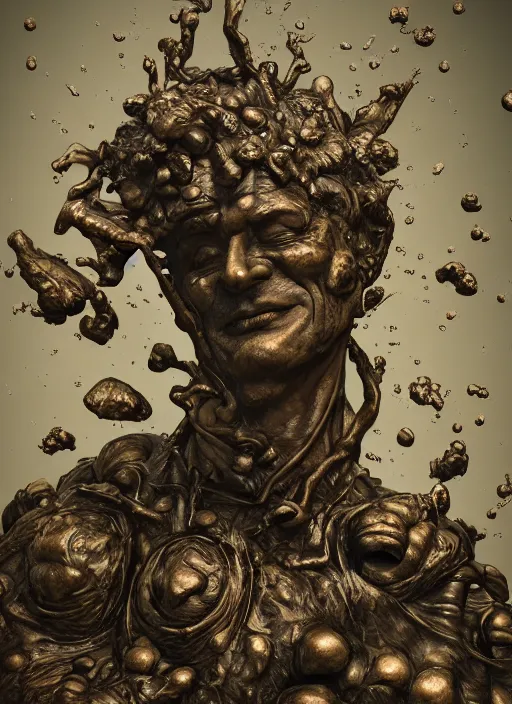 Image similar to An epic fantastic realism comic book style painting of a distressed bronze sculpture from the future by Stanislaw Szukalski, beautiful flowers raining down, fisheye lens, unreal 5, DAZ, hyperrealistic, octane render, dynamic lighting