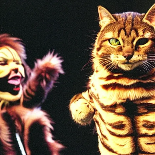 Image similar to 📷 john partridge playing rum tum tugger, spike collar, fluffy neck, cats the musical 🎶, 1 9 9 8 version, professional cat - like makeup, stunning choreography and lighting