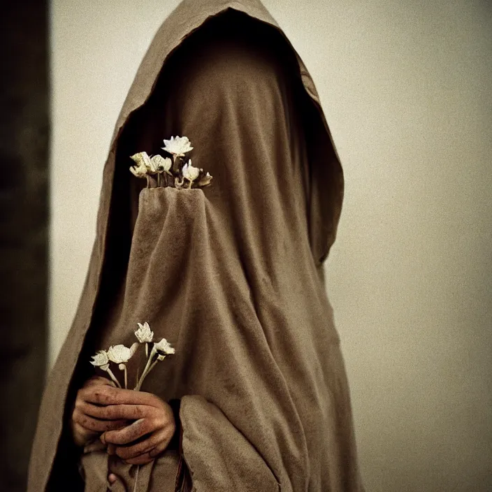 Prompt: closeup portrait of a cloaked hooded figure holding flowers, standing in a desolate abandoned house, by Annie Leibovitz and Steve McCurry, natural light, detailed face, CANON Eos C300, ƒ1.8, 35mm, 8K, medium-format print