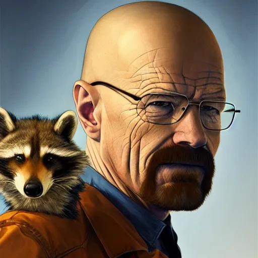 Prompt: walter white and a raccoon, intricate, highly detailed, digital painting, artstation, concept art, smooth, sharp focus, illustration, unreal engine 5, 8 k, art by artgerm and greg rutkowski and alphonse mucha