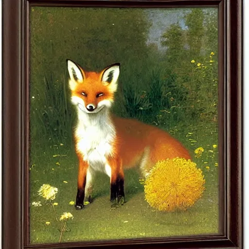 Image similar to A portrait of a fox in a straw hat surrounded by dandelions, by William-Adolph Bouguereau, Robert Cleminson, Carl Friedrich Deiker