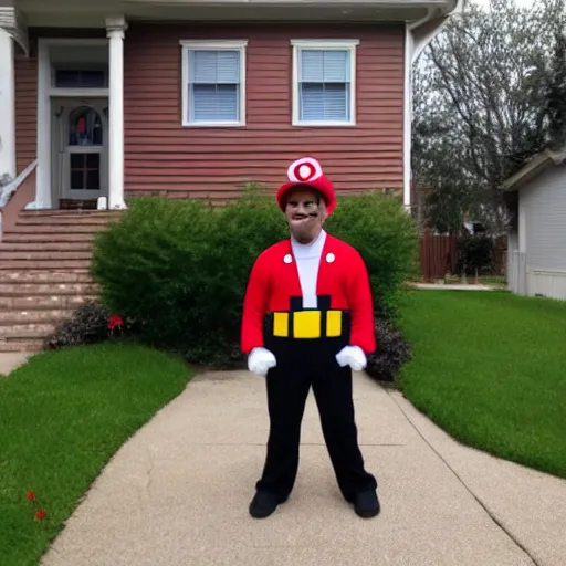 Image similar to bootleg super mario costumed man standing in front of an american house