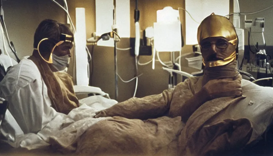 Image similar to 70s movie still of a man wearing gold mask in hospital, eastmancolor, heavy grain, high quality, higly detailed, liminal space