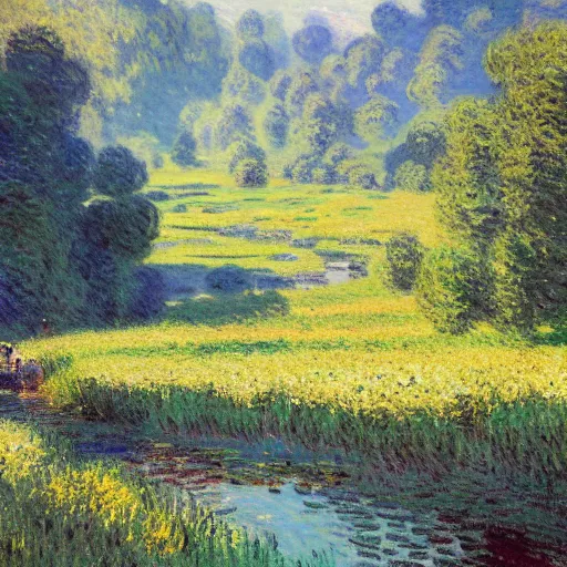 Prompt: A golden river flows through a serene valley, lots of flowers, sheep grazing, by monet, greg Rutkowski, trending on artstation