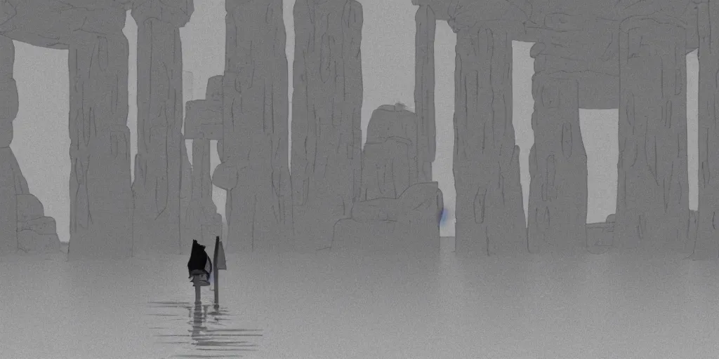 Prompt: a realistic cell - shaded studio ghibli concept art from paprika ( 2 0 0 6 ) of a tan aquatic human from close encounters of the third kind ( 1 9 7 7 ) in a flooded monument valley stonehenge. very dull colors, wide shot, hd, 4 k, hq