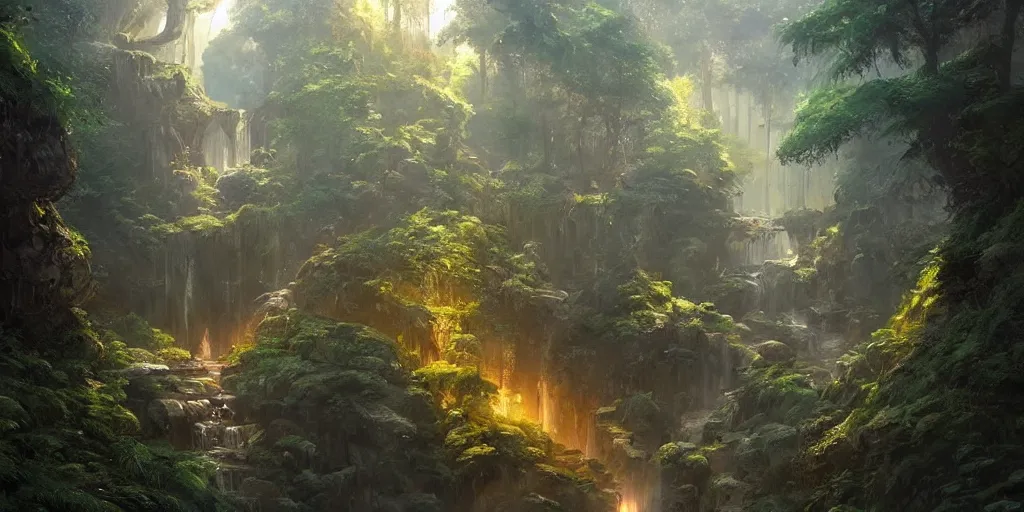 Prompt: a forest waterfall and cave at sunset, fantasy, magical lighting, Greg Rutkowski and Studio Ghibli and Ivan Shishkin