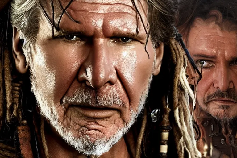 Image similar to promotional image of Harrison Ford as a pirate in the new Pirates of the Carribean movie, realistic, detailed face, movie still frame, promotional image, imax 70 mm footage