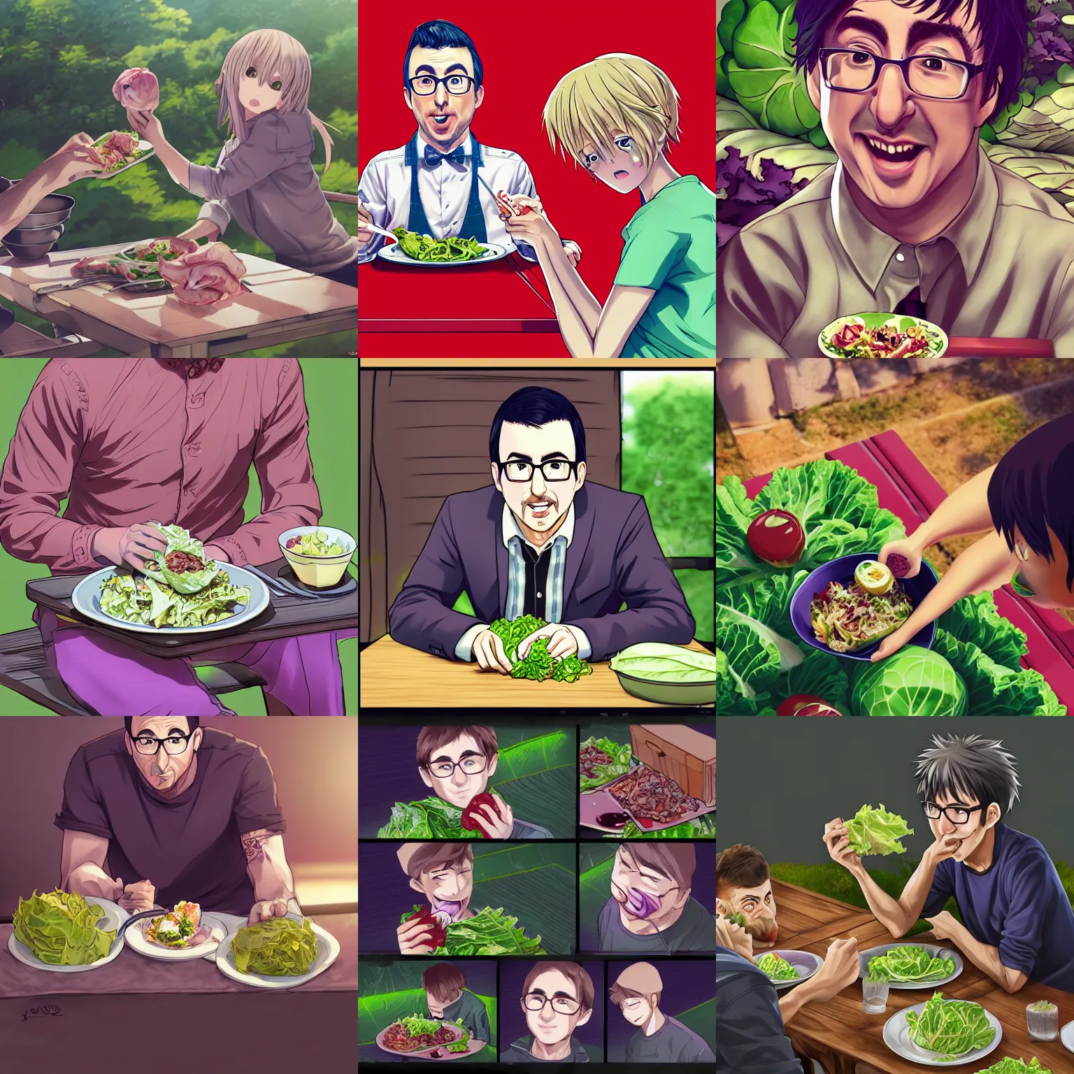 Prompt: john oliver eating cabbage, modern anime keyshot, picnic table, wlop and artgerm