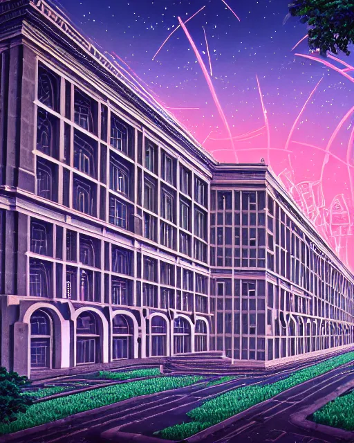 Image similar to a beautiful detailed highly detailed building unfinished building city architecture military hospital by louis kahn, apocalyptic sunlight uv light rainforest lightpaint at night studio ghibli at dusk myst at dawn retrowave synthwave nightsky cyberpunk, archdaily, wallpaper, highly detailed, trending on artstation.