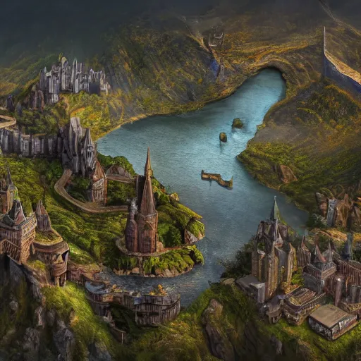 Image similar to A top-down view of a detailed and realistic D&D city, with a castle in the center and a river running through it. Cliffs and mountains in the distance. Volumetric lighting, studio lighting, 50mm lens, artstation, concept art, digital painting, 4k, by Timothée Goussin and Thomas Ricard