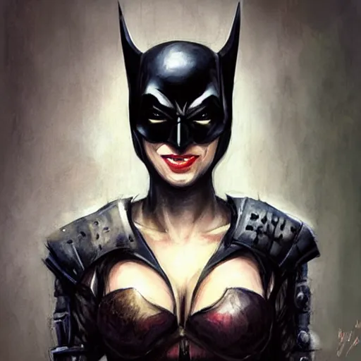 Image similar to batman as an attractive young smiling woman played by milla jovovich wearing a mushroom crown and heavy armoured wedding dress, face portrait, hd shot, digital portrait, elegant, beautiful, fantasy art, artstation, comic style, by artgerm, guy denning, jakub rozalski, magali villeneuve and charlie bowater