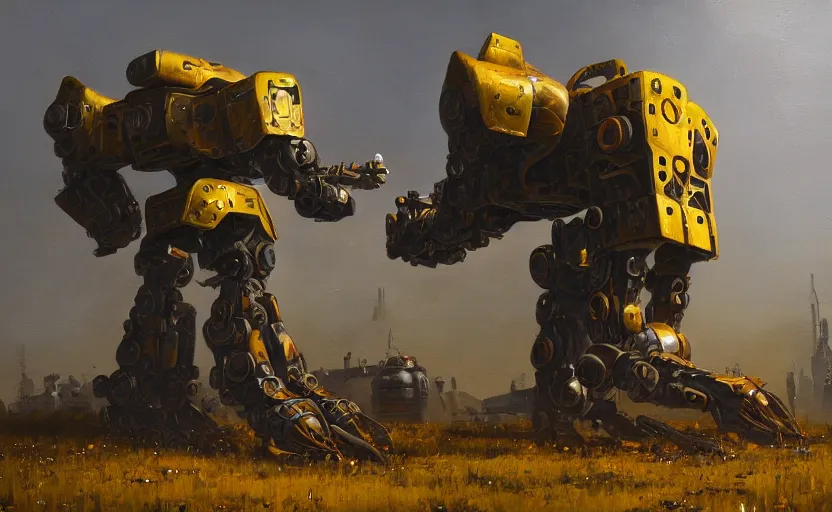 Prompt: an intricate oil painting of a giant armored plated metal mecha by simon stalenhag, rust, yellow and black trim, trending on artstation