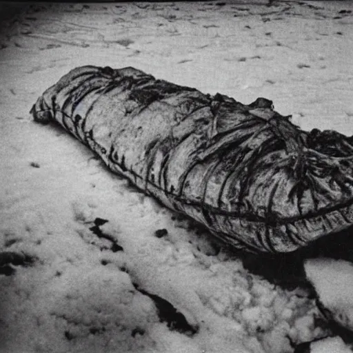 Image similar to a mummified t-rex corpse found in the artic ice and snow, taken by a ww2 camera.