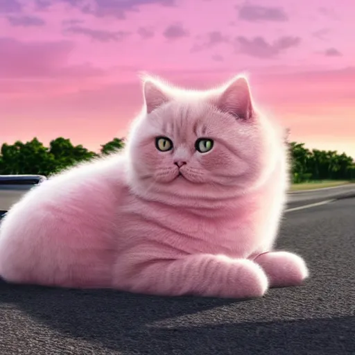 Prompt: a fluffy pink British Shorthair transformed into a fluffy roadster, cool, realistic, 4k, hd, highly detailed, pink sky backgorund