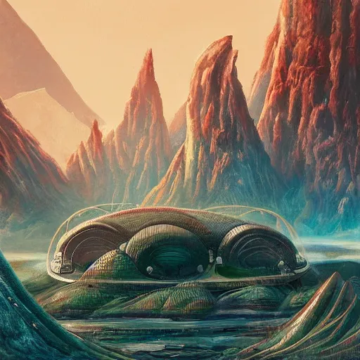 Prompt: alien architecture with curved buildings on alien planet with mountains and craters and lakes and luminous alien plants 4k detailed colorful magical realism painting trending on artstation