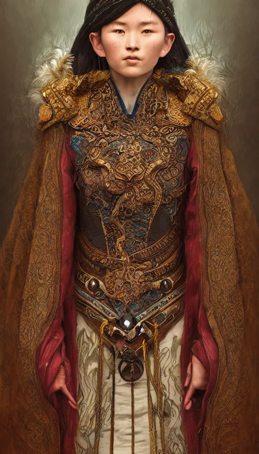 Image similar to hunter shafer, traditional mongolian clothing, fame of thrones, fibonacci, sweat drops, intricate fashion clothing, insane, intricate, highly detailed, surrealistic, digital painting, artstation, concept art, smooth, sharp focus, illustration, unreal engine 5, 8 k, art by artgerm and greg rutkowski and alphonse mucha