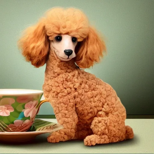 Image similar to very realistic cute poodle sitting inside a tea cup