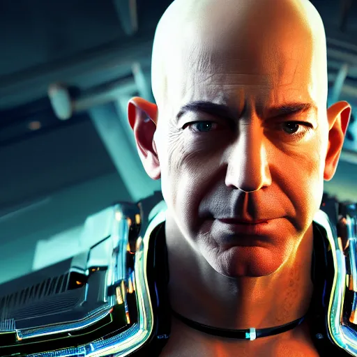 Image similar to front view, imposing, ominous portrait of Jeff Bezos as a cyberpunk 2077 loading screen, symmetry, front view, intricate, studio, art by anthony macbain + greg rutkowski + alphonse mucha, concept art, 4k, sharp focus