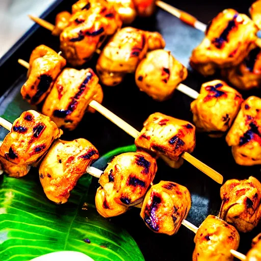 Prompt: thai peanut chicken skewers, michelin star food, detailed food, food photography