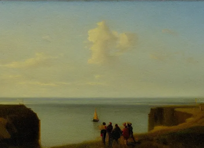 Image similar to texel with the waddenzee in the background, the netherlands in the style of hudson river school of art, oil on canvas