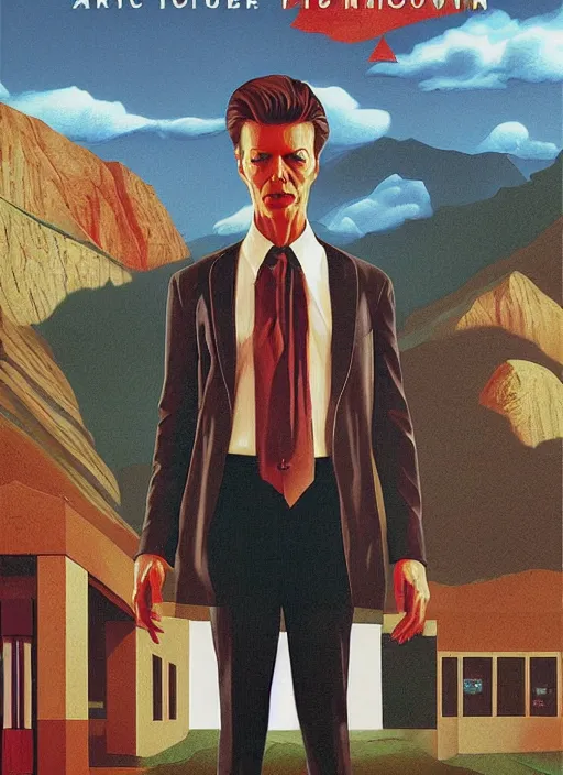 Image similar to twin peaks poster art, portrait of david bowie in small town solving mystery, by michael whelan, rossetti bouguereau, artgerm, retro, nostalgic, old fashioned