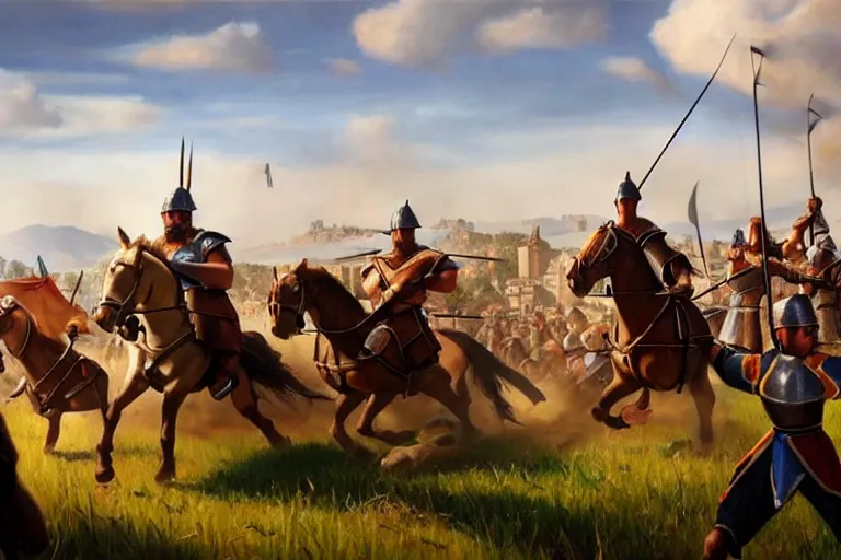 Image similar to ( ( a beautiful 8 k photorealistic masterpiece oil painting ) ( of ( man stuck in the age of empires 2 game ) ( knights and archers are chasing him ) ) ( hyperrealism ) ( 1 6 k ) ( trending on artstation )