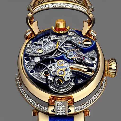 Prompt: a steampunk sleek, jewelled, Saut du Doubs waterfall watch by Jaquet Droz, highly detailed illustration highlights, gold and silver highlights, neon blue highlights, macro photography, F/2.8, trending on artstation, octane render