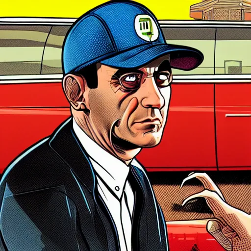 Image similar to portrait of Beny Gantz as a GTA v character. GTA v loading screen illustration by martin ansin, matt bors