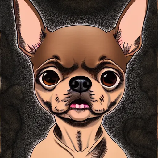 Prompt: a dark brown chihuahua, hyper detailed, in the style of junji ito, selfie shot straight on angle