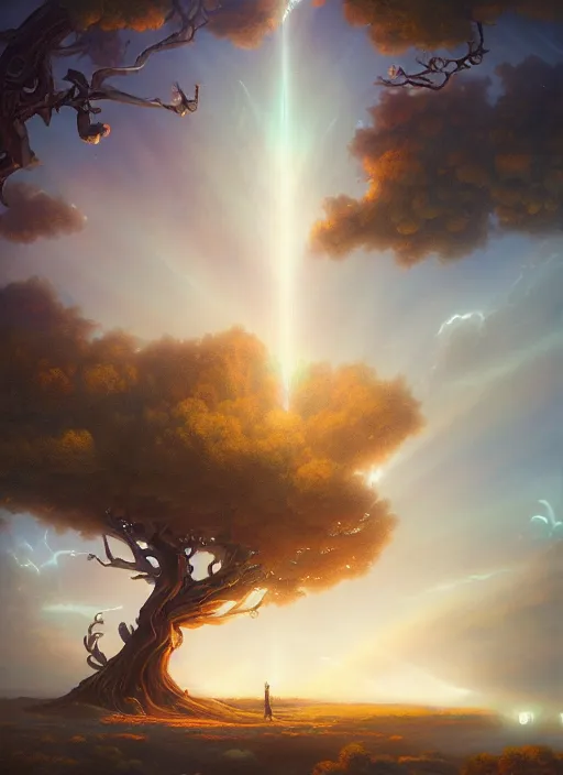 Prompt: matte painting, tree lit by heavenly lights, god rays, by peter mohrbacher