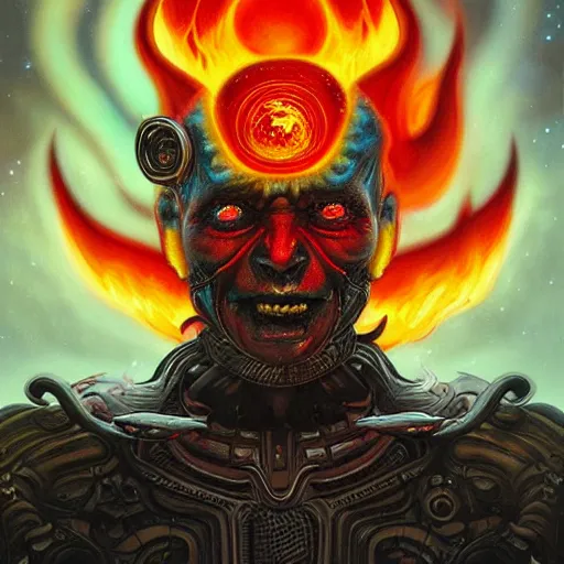 Prompt: cosmic doom demon portrait of satan, fire and flame of hell, Pixar style, by Tristan Eaton Stanley Artgerm and Tom Bagshaw.