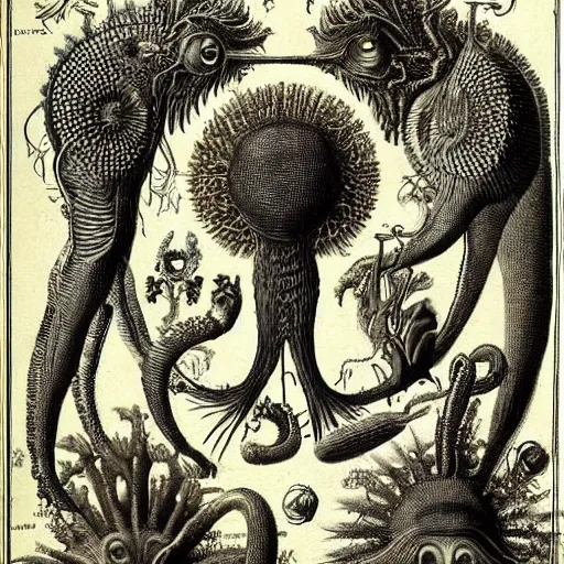 Image similar to surreal bestiary of repressed unconscious emotional monsters and creatures, illustrated by Ernst Haeckel and Robert Fludd