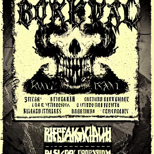 Prompt: black metal concert flyer, black metal logos, unreadable, 3 band lineup, local bar, d. i. y. venue, basement show
