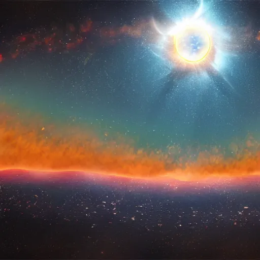 Image similar to hyperrealistic. A solar eclipse with radiant tentacles smothering the nearby stars.