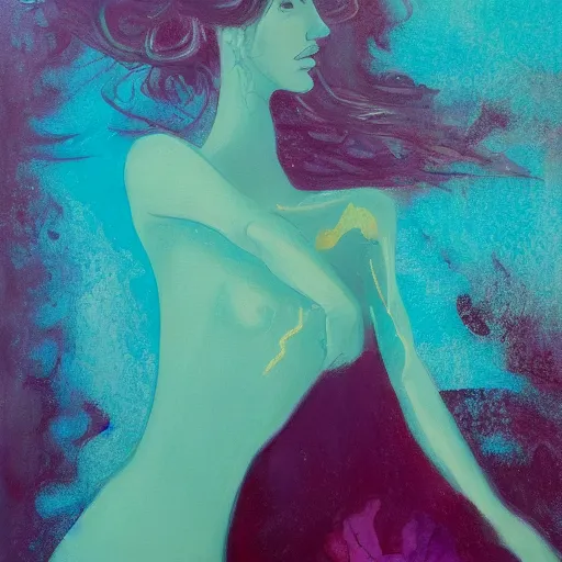 Image similar to underwater beauty silhouette drowning in a turquoise wavy sea, feminine, healing, appeasing, waves, tsunami, she loves another one, mental health, oil painting, by francis bacon, emotional conflict, hd, 8 k, trending on artstation, paradoxal, perfect framing, neo - expressionism, expressive