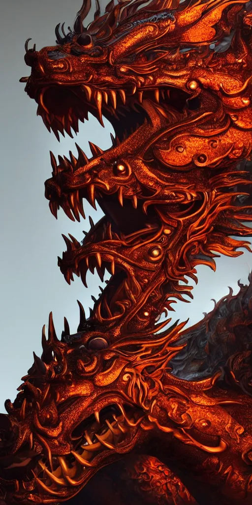 Image similar to a beautiful obverse portrait of a single huge chinese dragon, solid background, mechanical, metal, model design, fine texture structure, hyper detailed, perfect shadows, fire eye, atmospheric lighting, 3 d render, the style of pascal blanche and sparth juan zigor samaniego, paul pepera pablo roldan, denoise, alone, 4 k hd