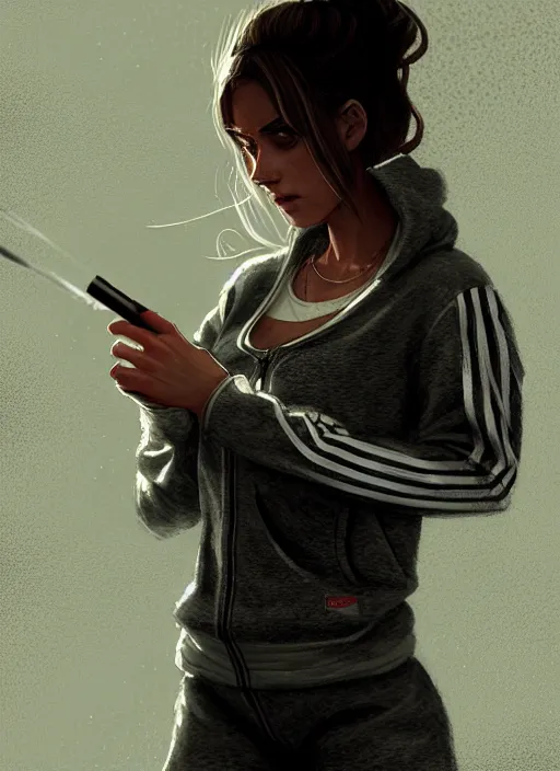 Image similar to russian slav heroine wearing an addidas tracksuit a cigarette in hand. by greg rutkowski and wlop, detailed, cinematic, artstation, 8 k, intricate, rule of thirds.