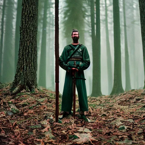 Image similar to close up kodak portra 4 0 0 photograph of a roman legimeer after the battle standing in dark forest, moody lighting, telephoto, 9 0 s vibe, blurry background, vaporwave colors, faded