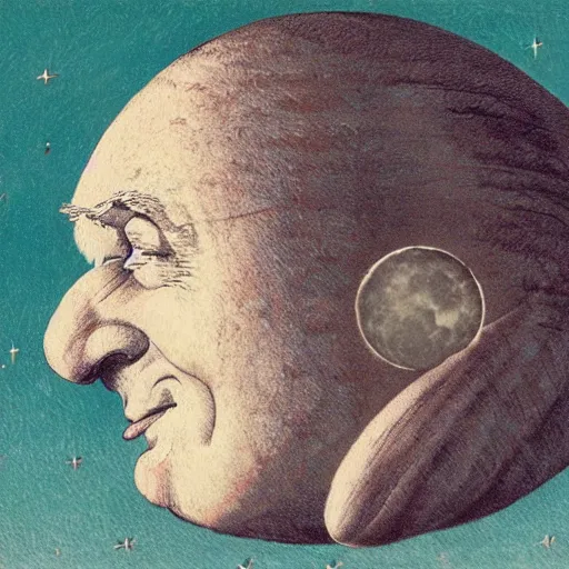 Prompt: dan morris celestial smiling moon portrait, side view, surrounded by clouds, illustrated by peggy fortnum and beatrix potter and sir john tenniel