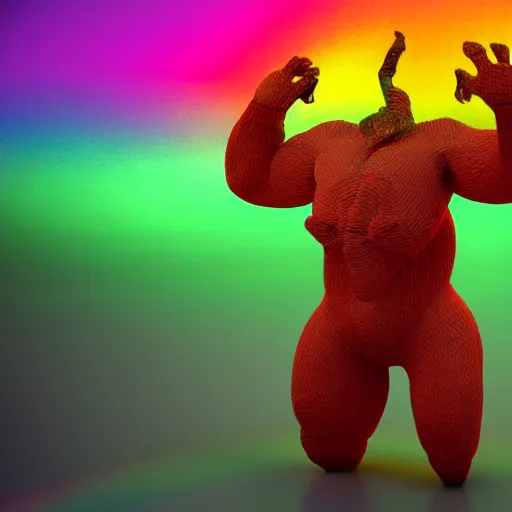 Image similar to 3 d render of a monster made of rainbows, terrifying, beautiful, cringe