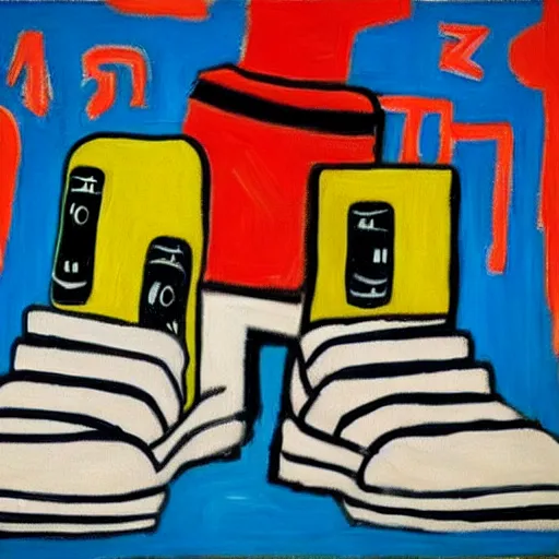Image similar to basquiat oil painting of robot sneakers, balenciaga,