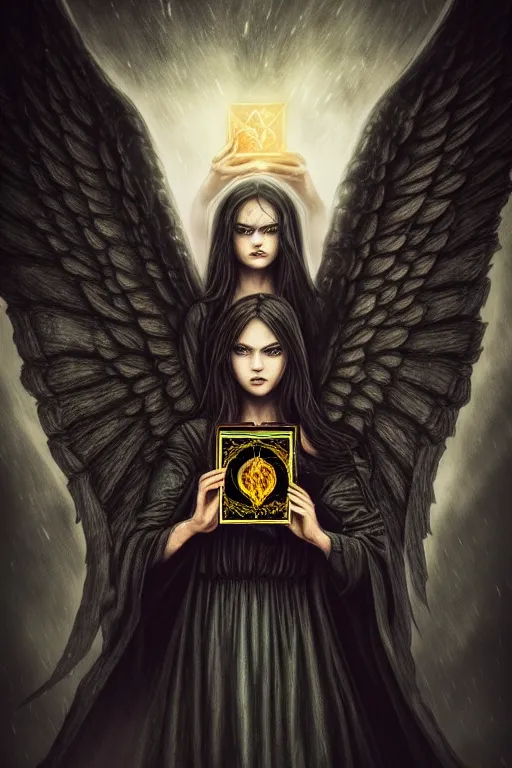 Image similar to dark angel holding a book of necronomicon, tarot card, symmetrical, cinematic, sharp focus, 4 k, ultra hd, sense of awe, sinister demonic atmosphere, dreadful, forbidden knowledge, old gods. demonology